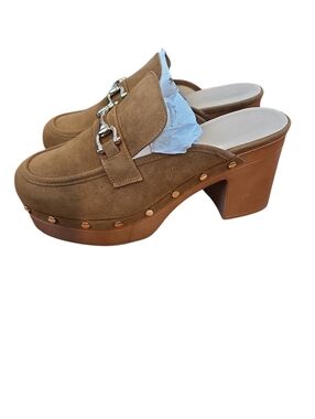 Greta Block Heel Mule Chunky Platform in Dark Tan With Horsebit Detail Sz 12